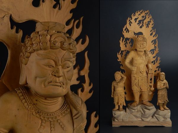 仏教美術 時代木彫 不動明王 三尊仏 仏像 細密細工 時代物 極上品 初