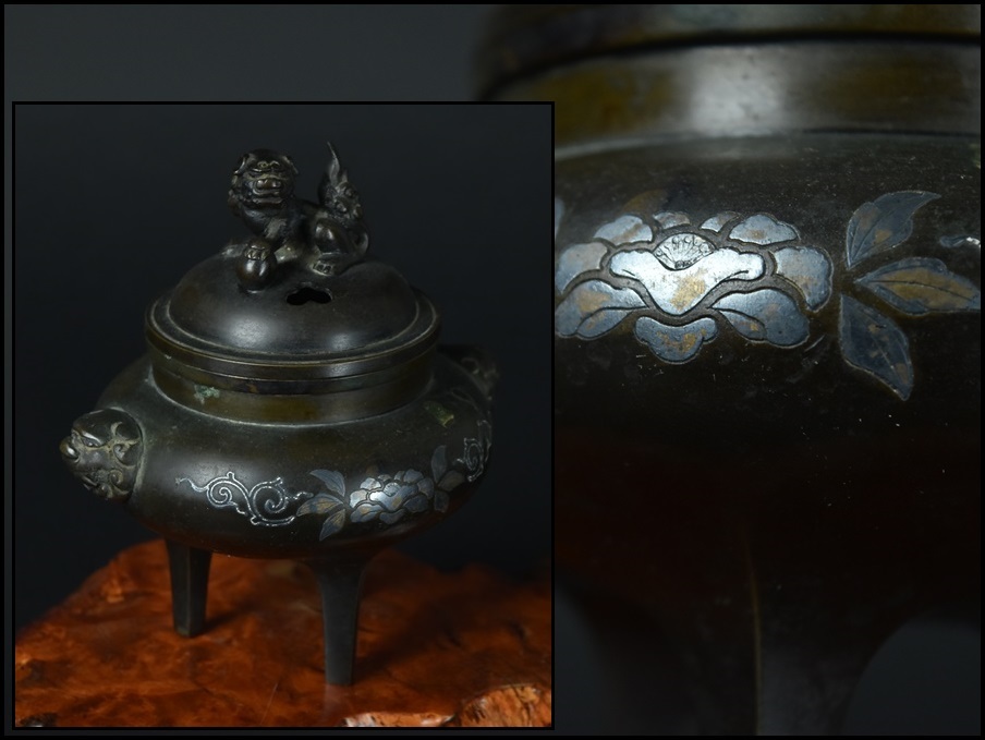 時代物　古銅　銀象嵌　香炉 金工 銅製 獅子摘銀象嵌獅子耳三足香炉 時代物 【公式通販】