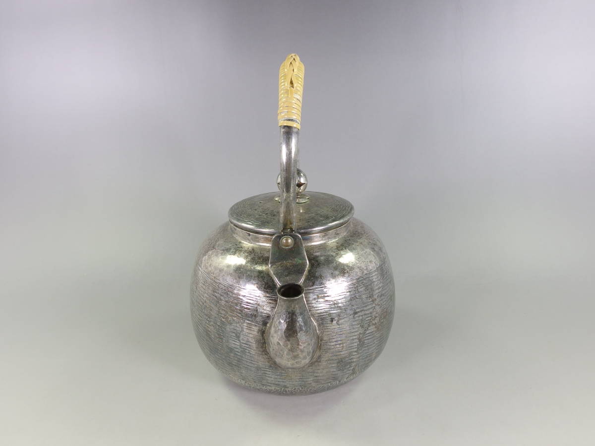 《玉》*930 秀峯堂造 いぶし銀 ござ目紋 急須 水注 薬缶 煎茶道具/銅製