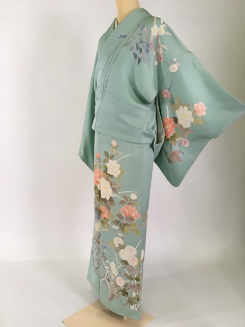 訪問着 バイセル 草花 着物 薄緑 名品 袷 正絹 M 汕頭刺繍 最速のネット