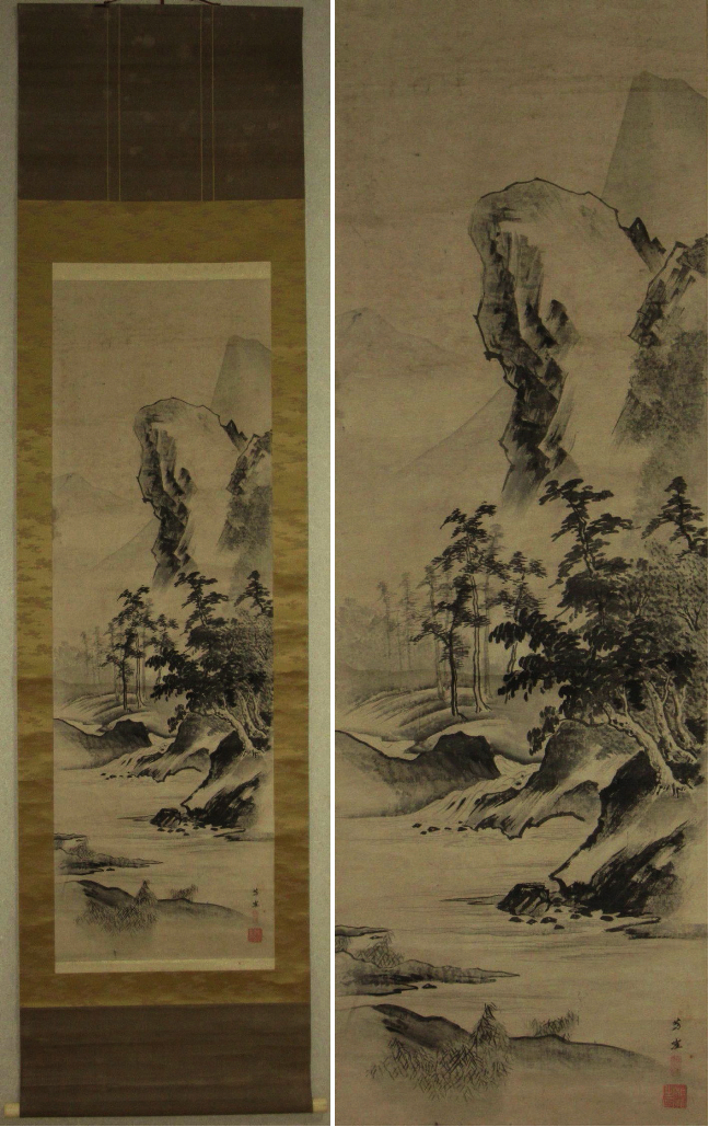 模写】掛軸 狩野芳崖 「磐石山水図」 山口画家 紙本 合箱 ,XCQQKX