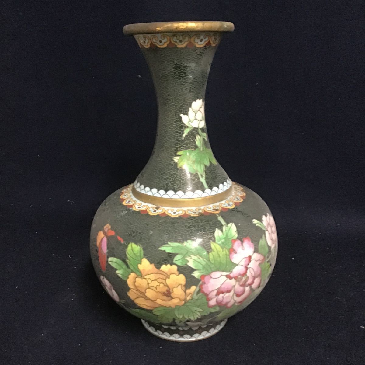 中国美術 花瓶 七宝焼 七宝工芸 象嵌入 真鍮 金属工芸 古玩 高さ25.5cm 古玩 緑釉 