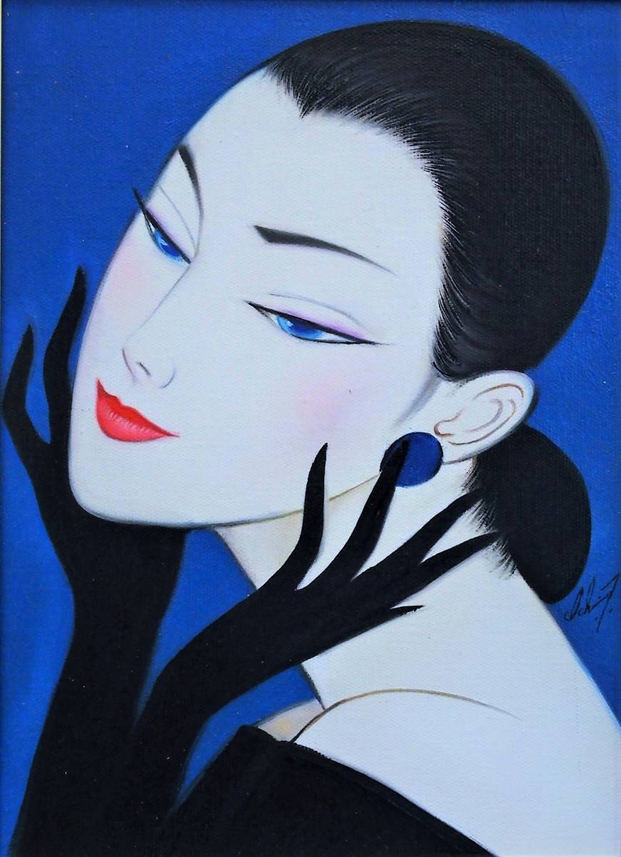 絵画 油彩 肉筆手描き 鶴田一郎「 美人画」サイン F6サイズ 額装済み