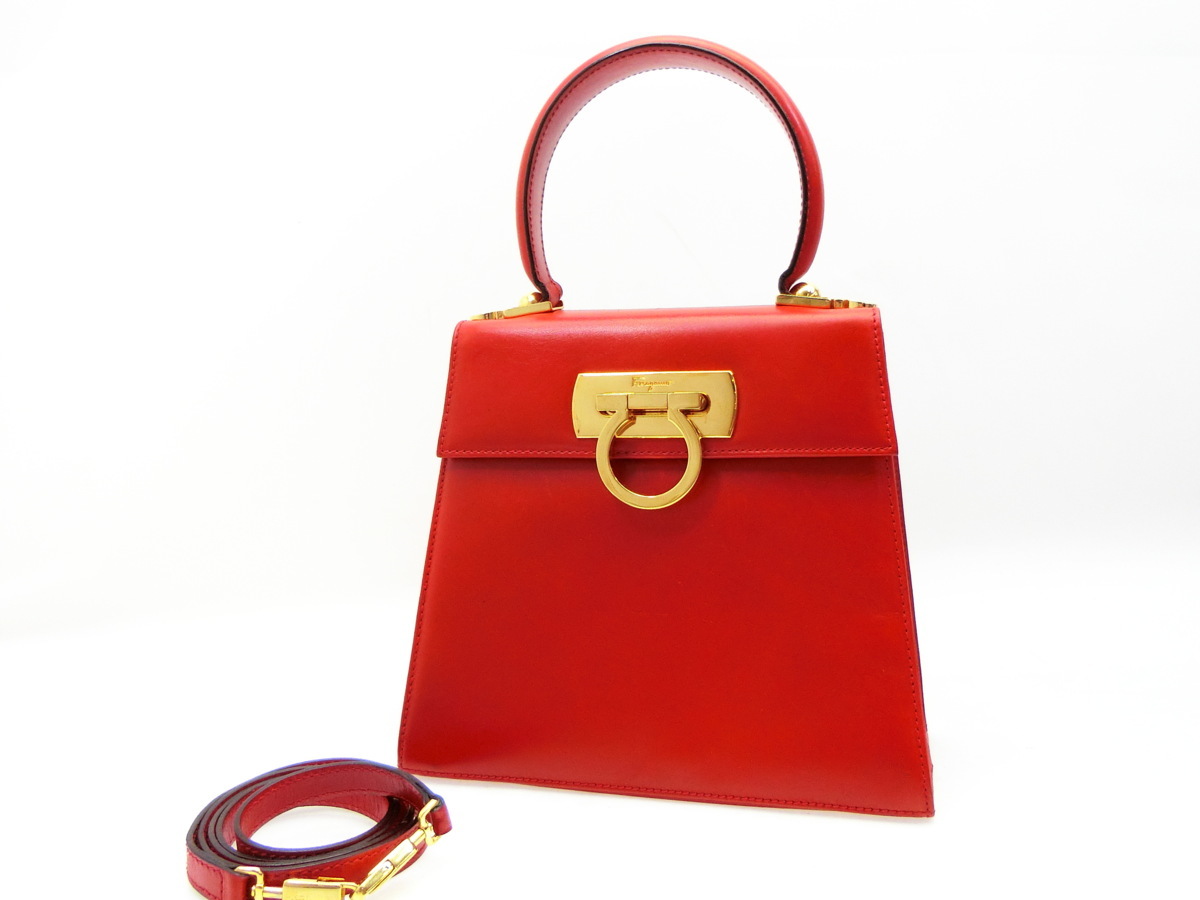 ◇Z3436 Ferragamo フェラガモ ガンチーニ 赤 レザー 2WAY ハンド 