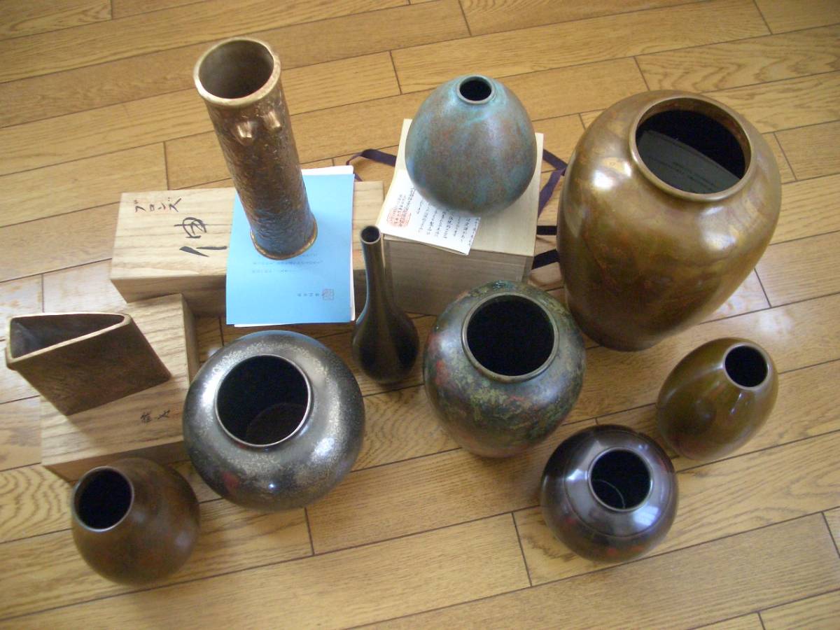 ☆銅花瓶10点　恵久　雅也　順啓　他　伝統工芸　鋳銅花器　銅鋳物　斑紫銅　青銅