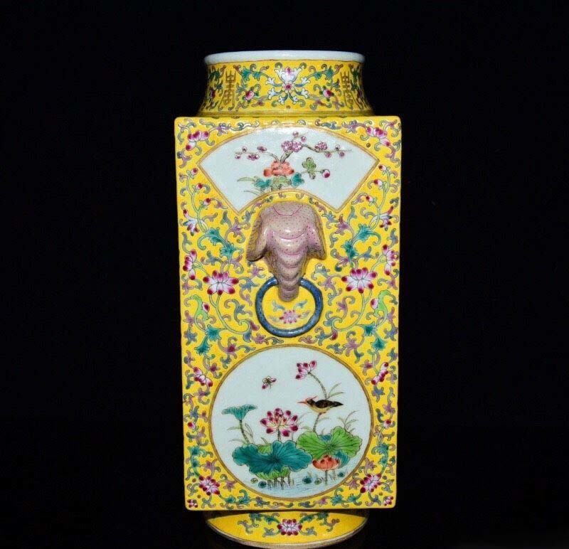 う*め様 ①中国色絵双耳四方瓶唐子花鳥図　雍正御製銘②中国色絵双耳四方瓶花唐草図 清嘉慶款 花鳥絵 象耳四方形磁瓶 アンティーク、コレクション 中国