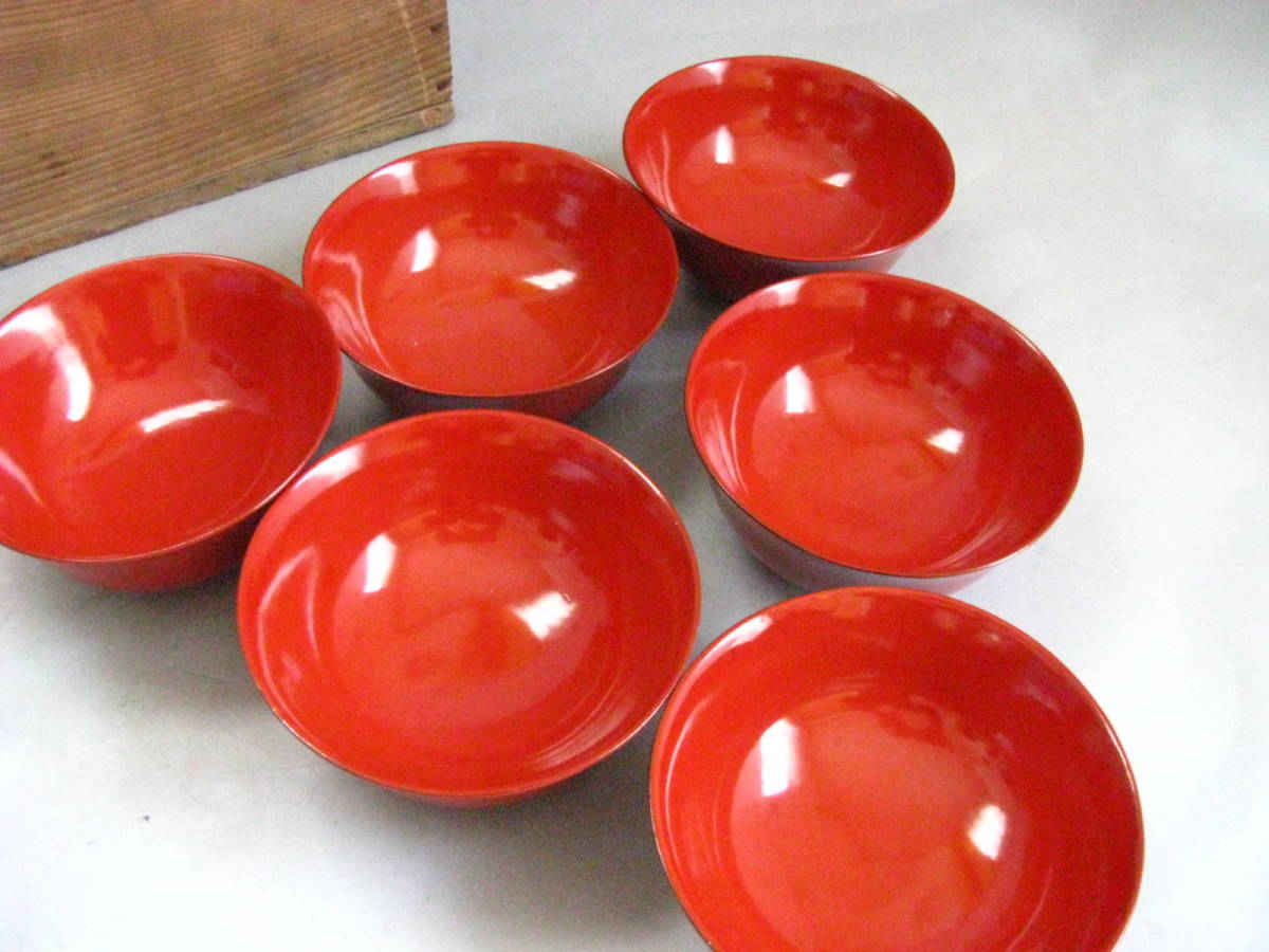金蒔絵　若松の図　朱塗吸物椀　木製品　５客　A-FFm ☆金蒔絵朱と松の図吸い物椀六客☆大正十五年木製漆器☆骨董☆№492