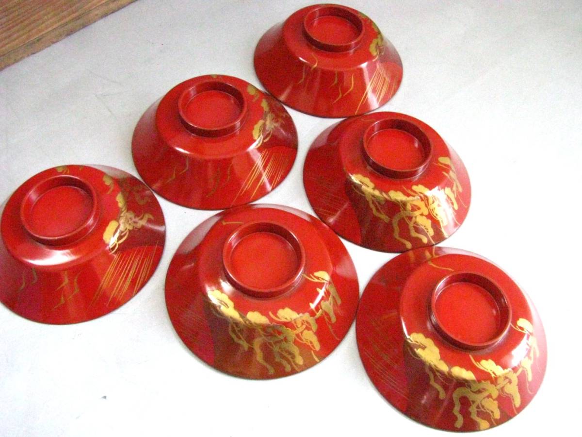 ☆金蒔絵朱と松の図吸い物椀六客☆大正十五年木製漆器☆骨董☆№492