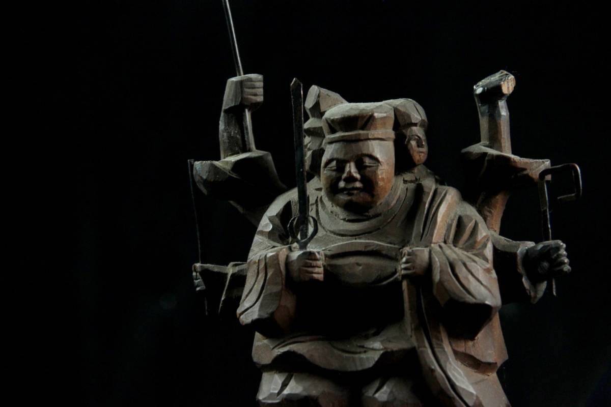 ◆櫟◆ 時代 木彫 三面大黒天像 27cm 細密細工 仏像唐物骨董 [F14]//