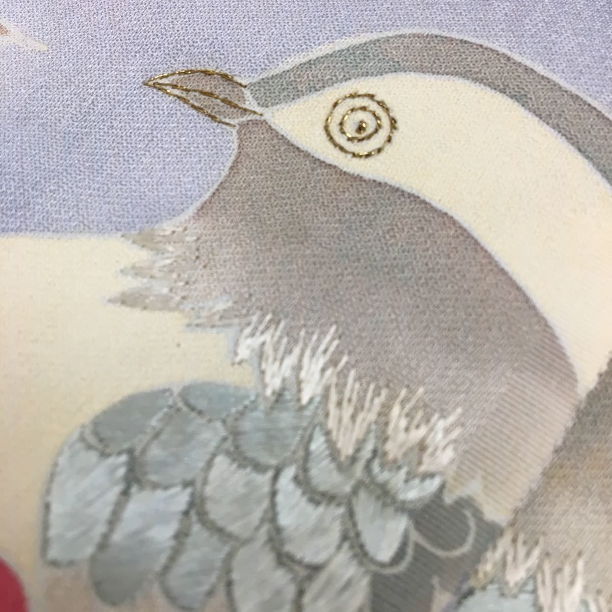 付け下げ 正絹 手描き友禅 梅と竹に鶯 手刺繍 絹鼠色 付け