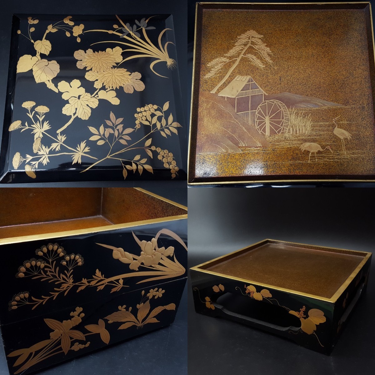 難あり 時代物 輪島塗 金蒔絵 重箱 二段重 家紋入 台付 木箱付