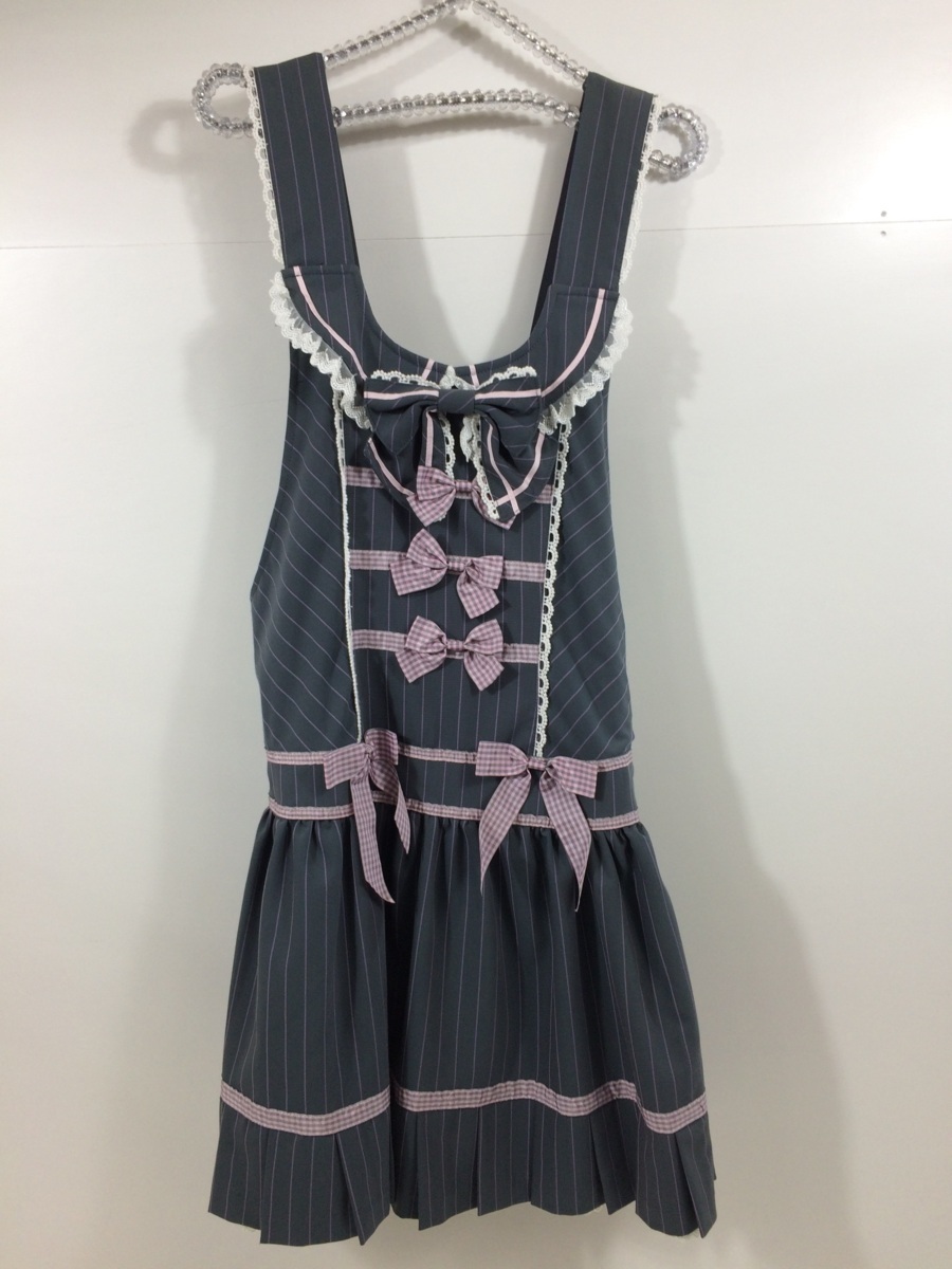 【21】BABY THE STAR SHINE BRIGHT グレー リボン ストライプ JSK ジャンパースカート ユーズド