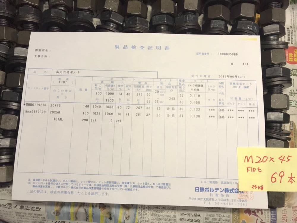 ハイテンションボルト 六角高力ボルト M20×45 F10T 日鉄住金 69セット 証明書コピー付