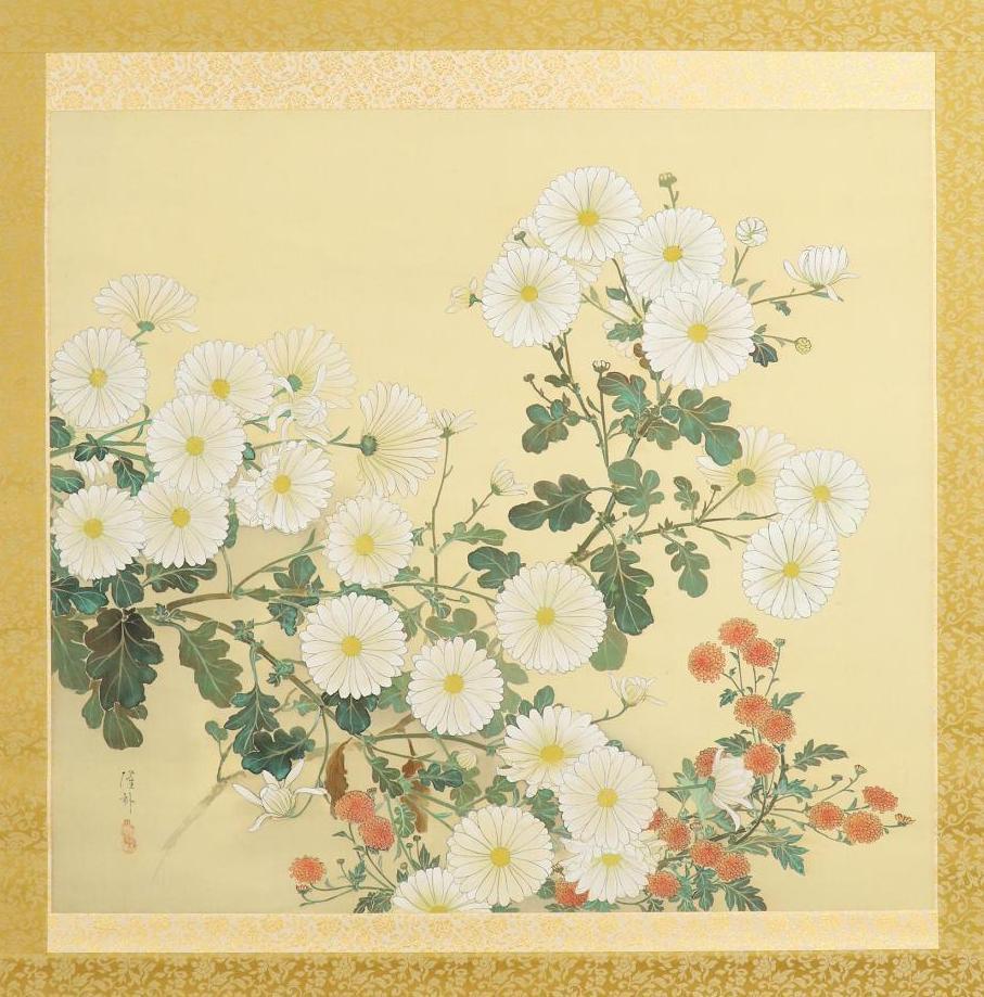 真作/荒木十畝/菊花図/桐二重箱付/布袋屋掛軸HI-772 真作】◇小野隆畝◇大幅◇菊花図◇岩手県◇師：荒木十畝◇肉筆◇絹本