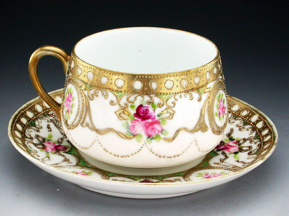 オールドノリタケ大銘品!! オールドノリタケ・金盛上蓬地薔薇図紋
