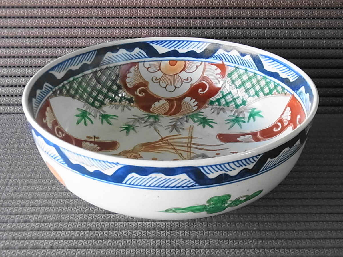 蔵出し】 古伊万里 色絵 深鉢 松竹梅・鳳凰の図 直径 21.4cm ※527 Y