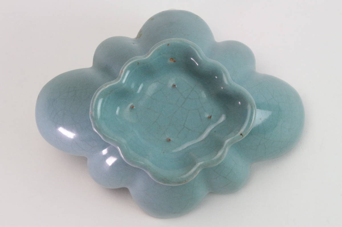 中国古美術・宋汝窯・天青釉双耳四方花觚・青磁・唐