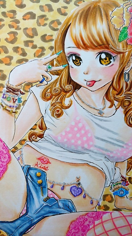 オリジナル手描きイラスト 金髪ギャルの決めポーズ A4 ラフ画2枚
