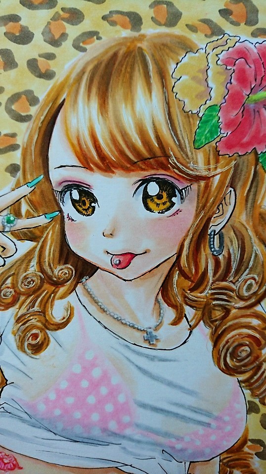 オリジナル手描きイラスト 金髪ギャルの決めポーズ A4 ラフ画2枚