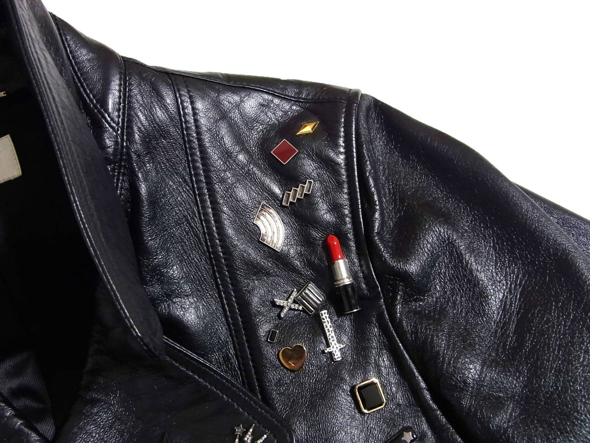 15AW SAINT LAURENT PARIS ピンバッジ 装飾 レザー ライダース
