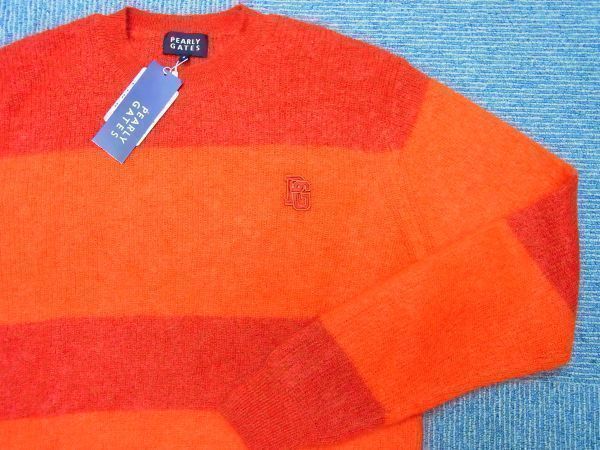 正規★PEARLYGATESパーリーゲイツ モヘア混 片畦ボーダー丸首ふんわりセーター5★L【053-6270107】レッド赤【本物保証】ツアーモデル★完売_1