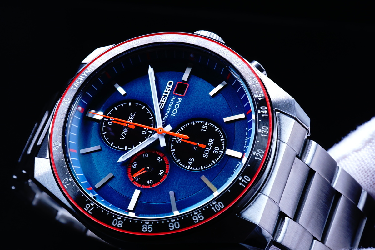 1円～×10本 セイコー非常に美しいブルーグリーンメタリック電池交換不要ソーラーパワー 100m防水 1/20秒クロノグラフ腕時計 新品未使用_3