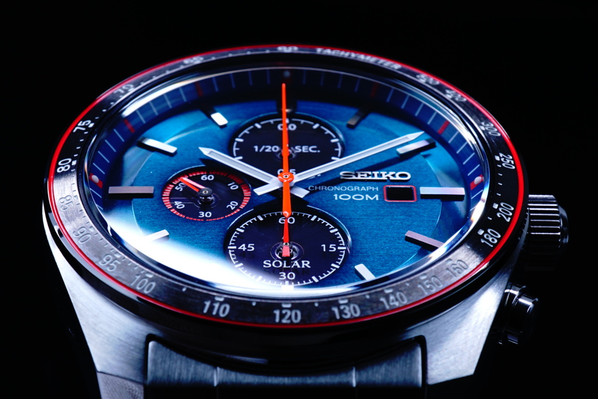 1円～×10本 セイコー非常に美しいブルーグリーンメタリック電池交換不要ソーラーパワー 100m防水 1/20秒クロノグラフ腕時計 新品未使用_4