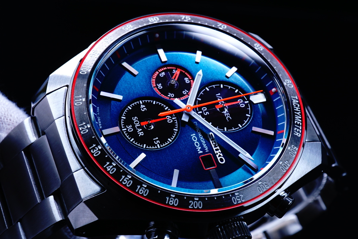 1円～×10本 セイコー非常に美しいブルーグリーンメタリック電池交換不要ソーラーパワー 100m防水 1/20秒クロノグラフ腕時計 新品未使用_5
