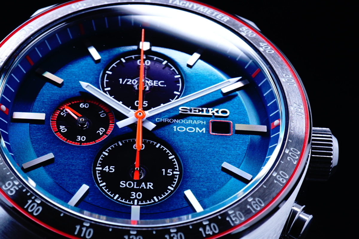1円～×10本 セイコー非常に美しいブルーグリーンメタリック電池交換不要ソーラーパワー 100m防水 1/20秒クロノグラフ腕時計 新品未使用_6