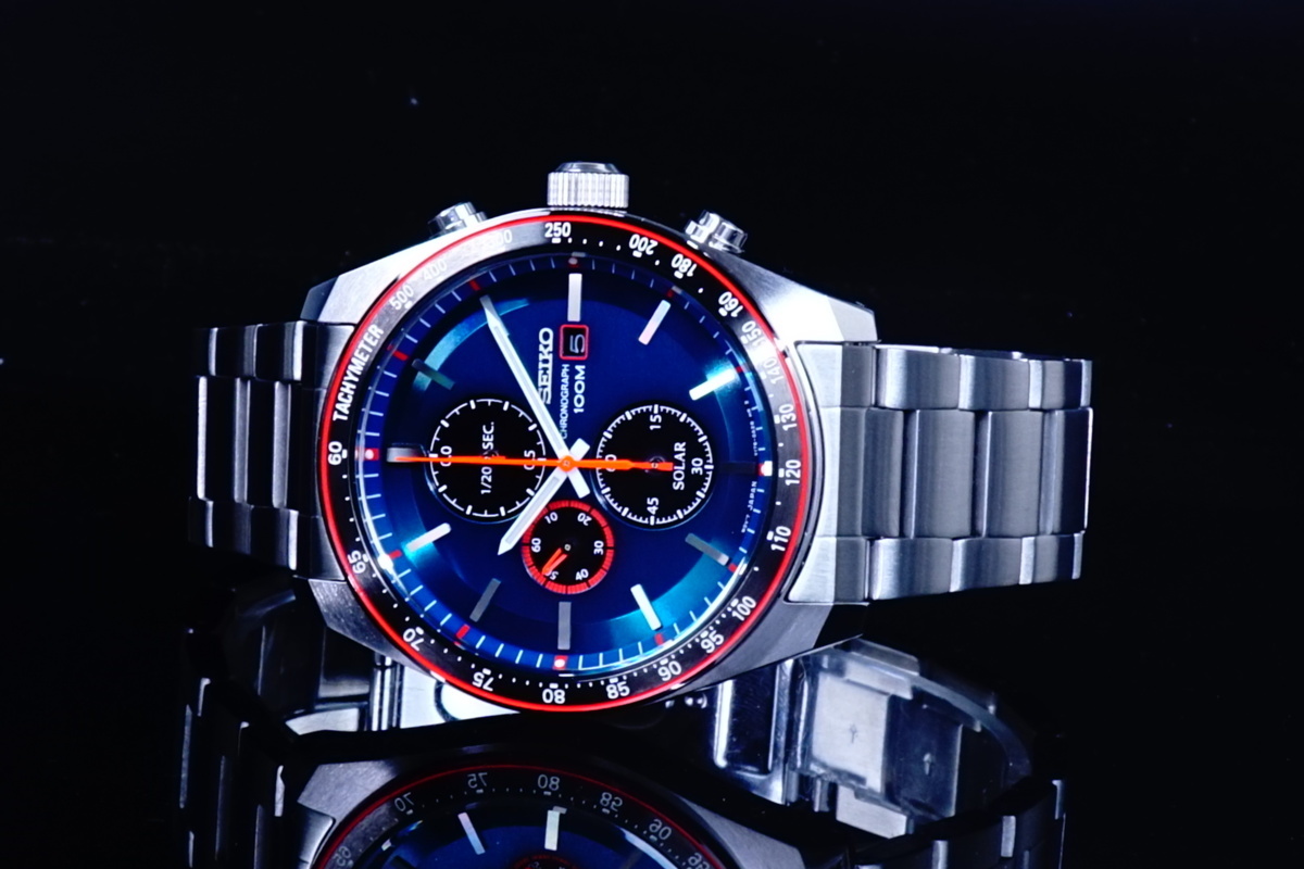 1円～×10本 セイコー非常に美しいブルーグリーンメタリック電池交換不要ソーラーパワー 100m防水 1/20秒クロノグラフ腕時計 新品未使用_8