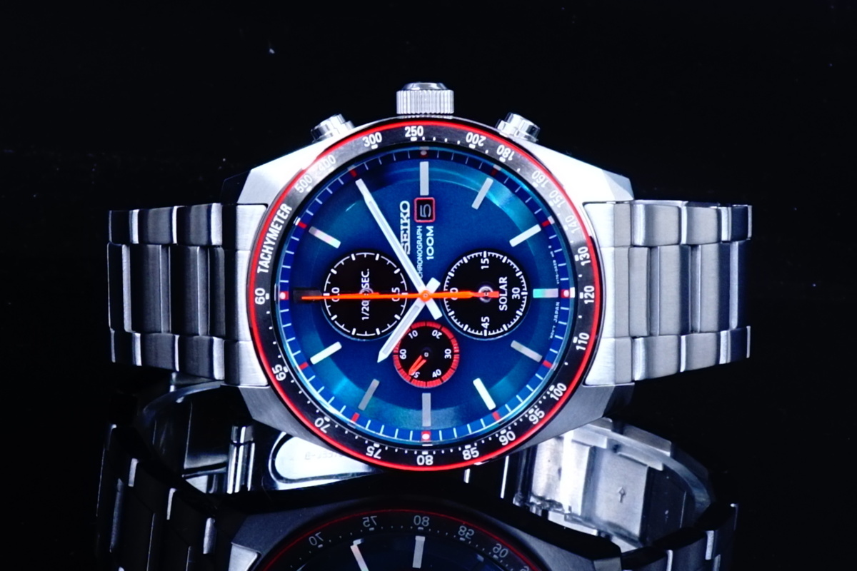 1円～×10本 セイコー非常に美しいブルーグリーンメタリック電池交換不要ソーラーパワー 100m防水 1/20秒クロノグラフ腕時計 新品未使用_9