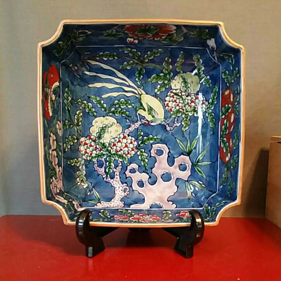 源右衛門 染錦古代花鳥図 角鉢【美品】 源右衛門 有田焼 源右衛門窯 染