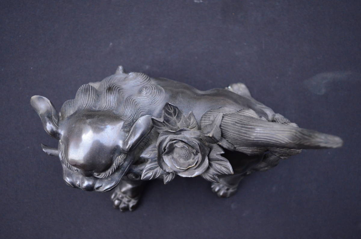 照雲 作 銅製 唐獅子牡丹 ブロンズ像 置物 22cm 重さ3kg 画像22枚