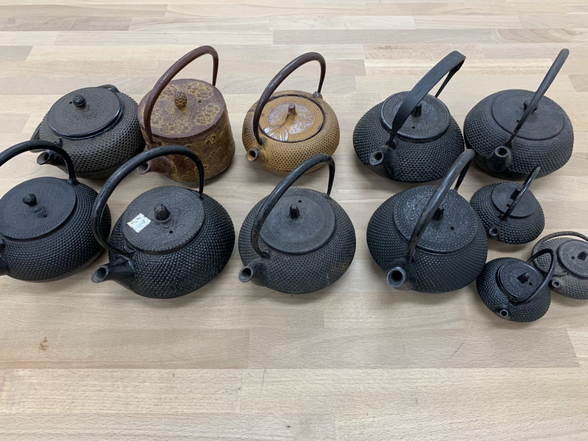 工芸品 時代釜師造 算盤形 小鉄瓶 唐銅蓋翡翠環摘