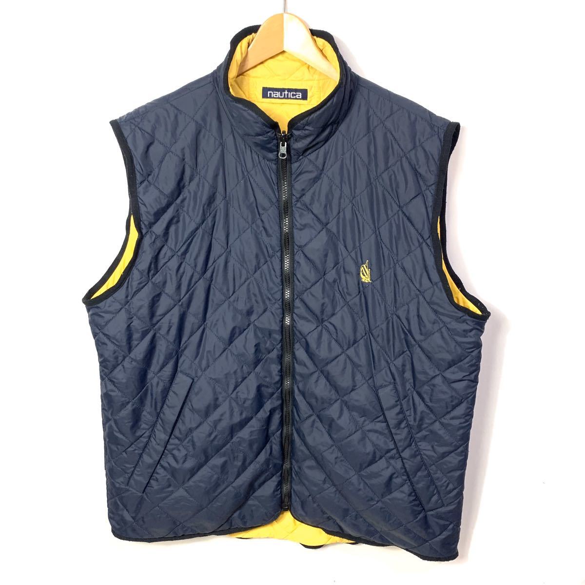 ■ ノーティカ ナイロンキルティング ロゴ刺繍 リバーシブル ベスト L ネイビー×イエロー nautica 90年代ストリート レイヤード 古着 ■