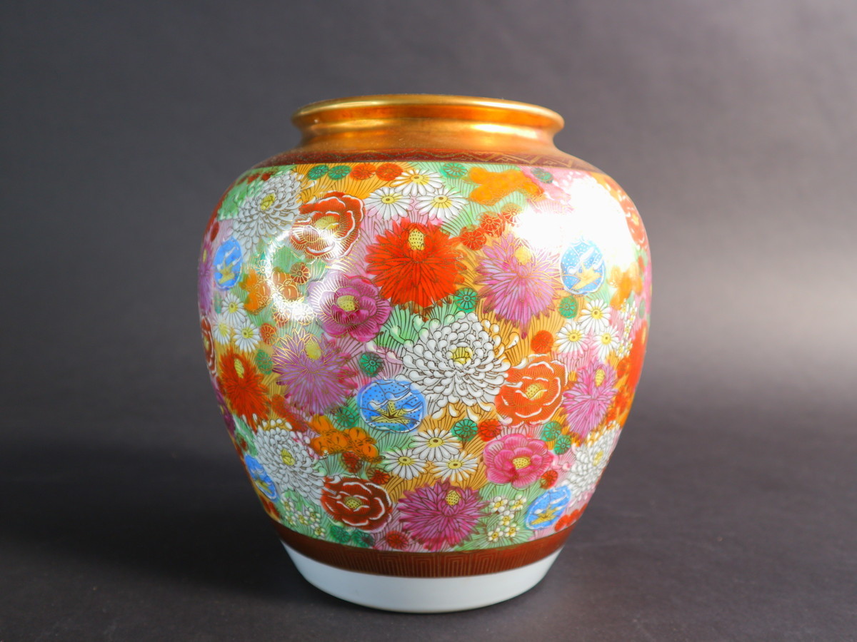 送料込 日本の伝統工芸品 花器 花生 九谷焼陶月 青粒手金縁