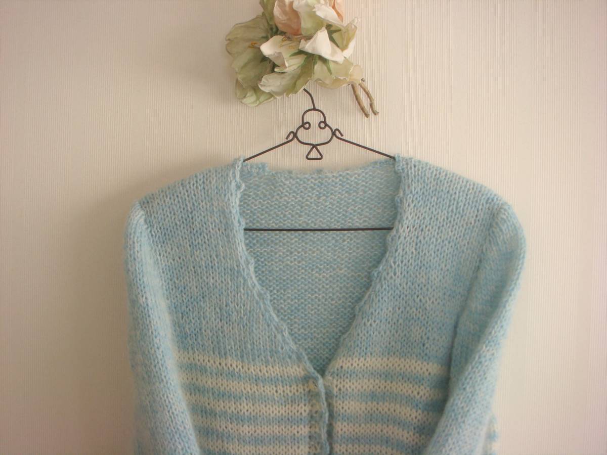 ☆ハンドメイド☆暖か可愛い手編みウールカーディガン☆ボレロジャケット＊上質毛糸＊メリノ他＊ふんわり軽い＊パステル水色＊M~