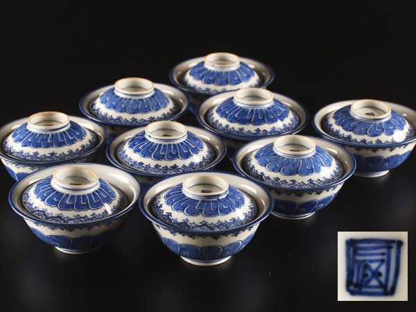 売り出し純正品 【流】中国美術 染付蓋茶碗九客 JN800