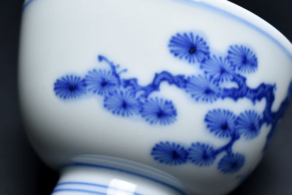 二世 三浦 竹泉 造 青華 松文 煎茶碗 五客 初代 竹泉妻 梅 識箱 】 京