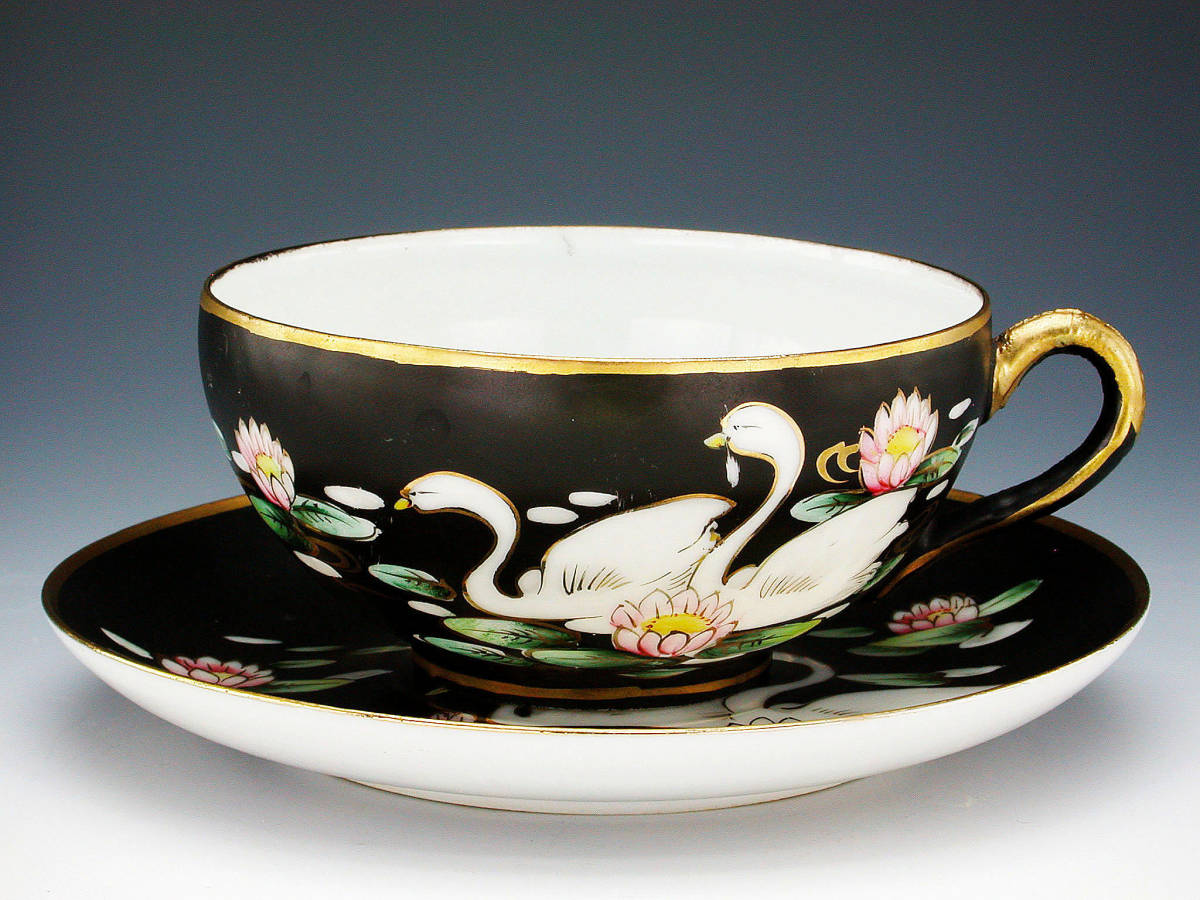 オールドニッポン大銘品!! オールドニッポン・金彩黒地白鳥睡蓮図紋 キャビネットカップ 1