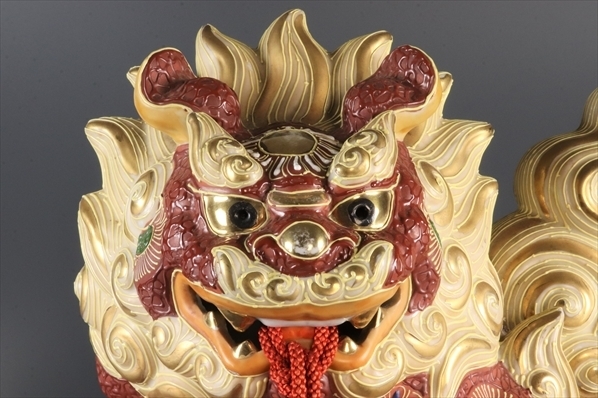 玉乗り獅子 九谷焼 玉獅子 狛犬 置物 - 八幡窯 魔除け 唐獅子 陶器