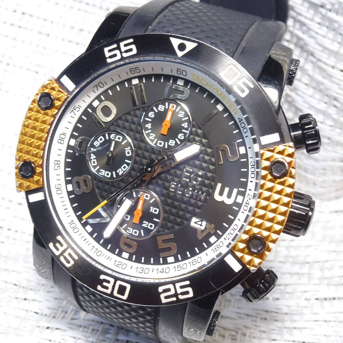 エルジン シルバー クロノグラフ クォーツ ELGIN ラウンド 稼働品 