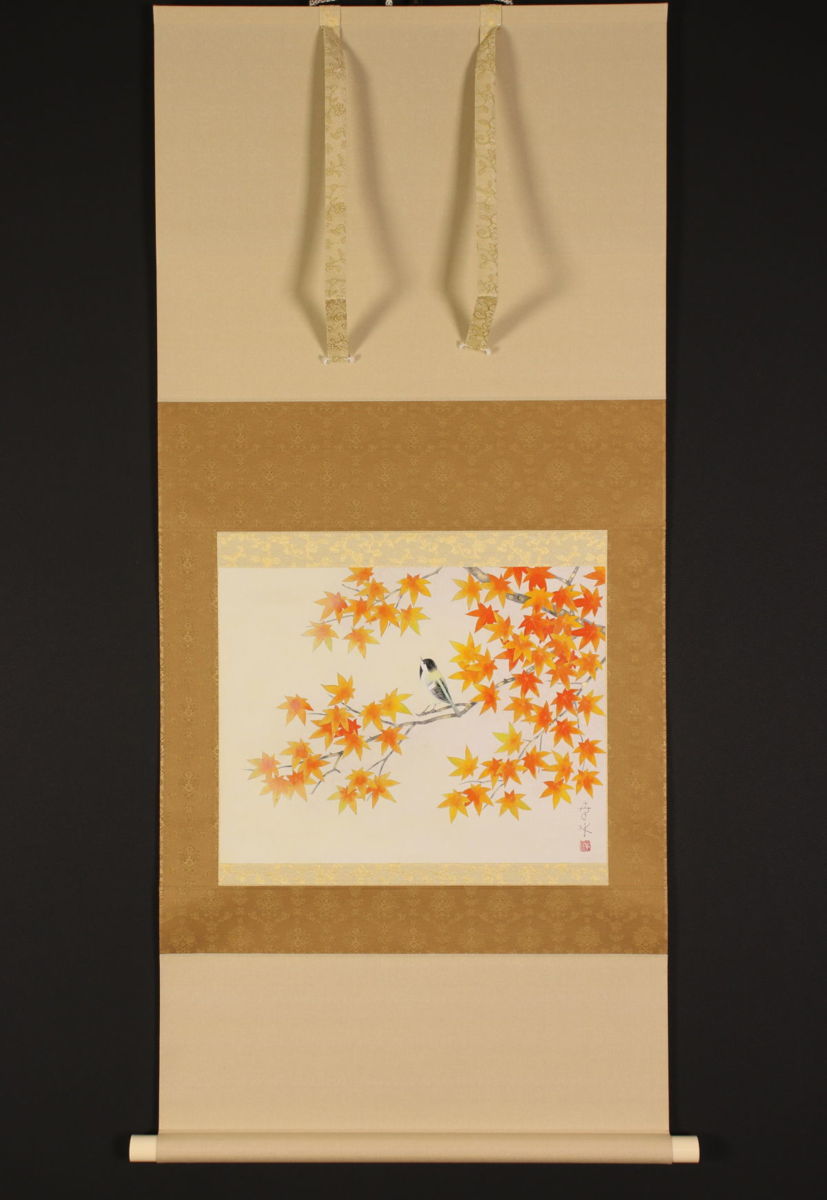 模写】【一灯】c6984〈紅山幸水〉美品 紅葉小禽図 太巻 共箱 二重箱