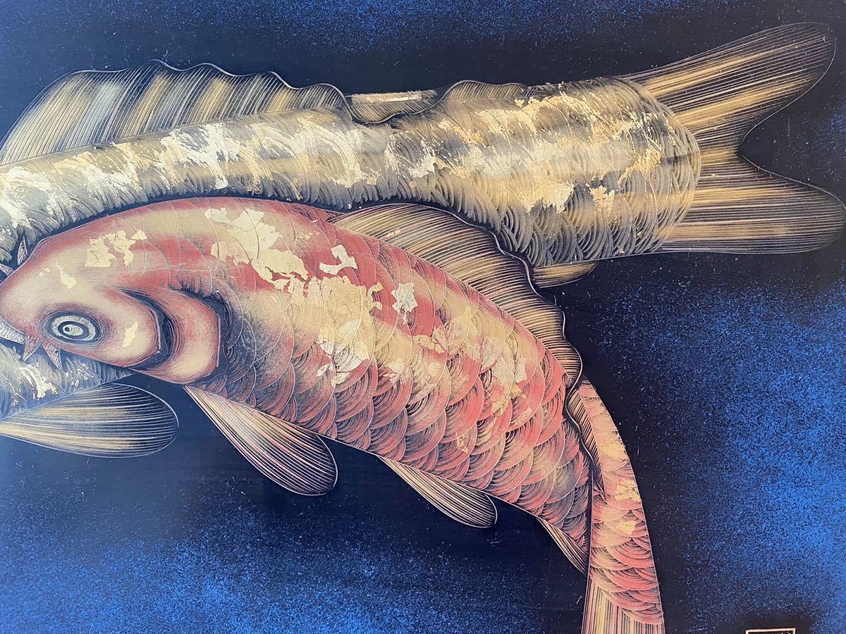 希少☆小西啓介 作 輪島塗 双鯉 漆芸 沈金細工 絵画☆壁掛け装飾 額装