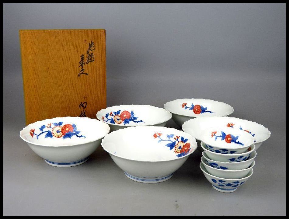 人間国宝 十三代酒井田柿右衛門 染錦花文向付 古美術品○72919a-1 日本