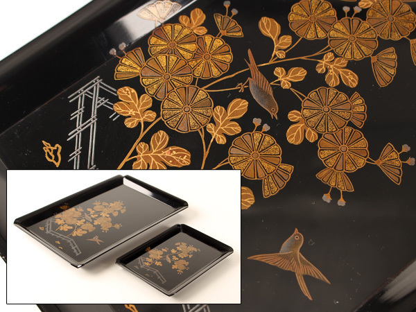 五客 足付 花鳥金蒔絵 隅切四方膳 黒塗吸物膳 CH74