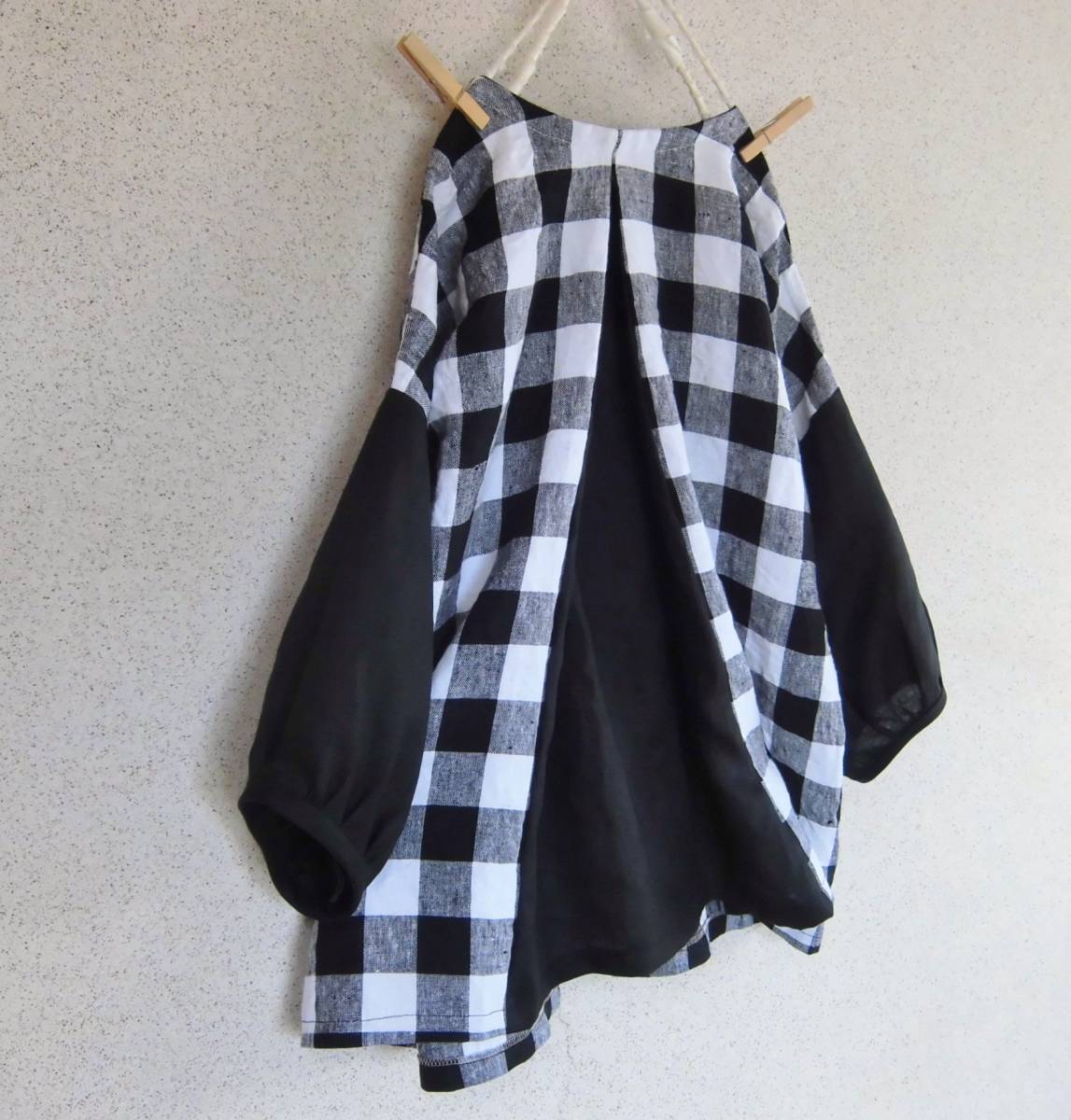  handmade 素敵カーディガン Libeco 30リネン 黒白ギンガムチェック&times;black ふっくらお袖 free(トップス)｜売買されたオークション情報、yahooの商品情報をアーカイブ公開 - オークファン トップス