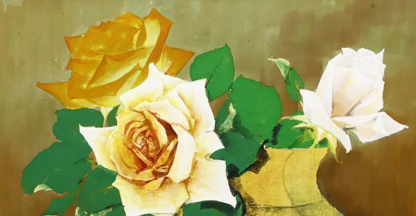豊生作　薔薇の花　日本画 真作】【WISH】山崎豊「薔薇」日本画 10号 絹本 共シール 金泥仕様 〇