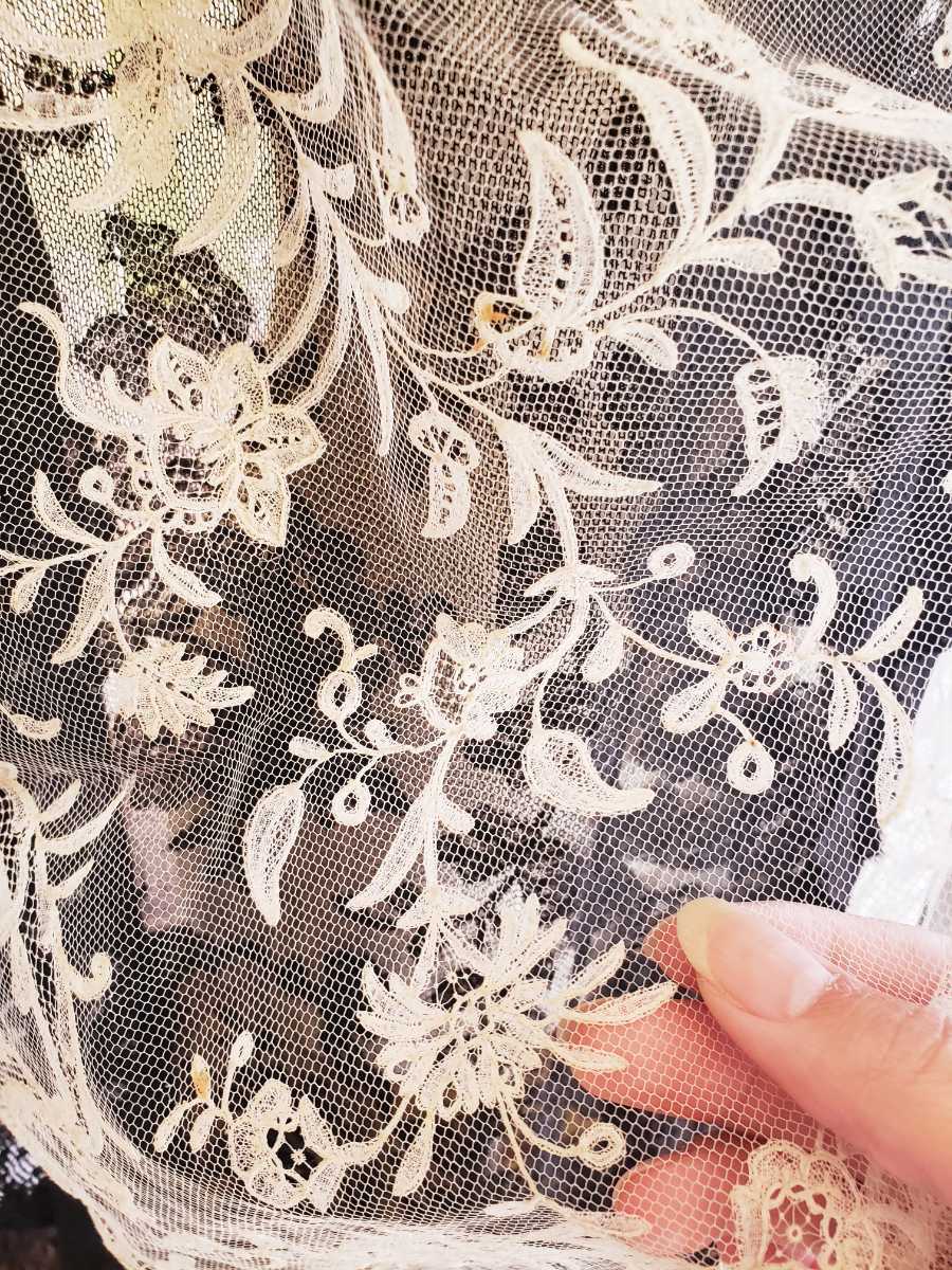 フランスアンティーク 19世紀 1880年頃 美しい手刺繍 アプリカシオン
