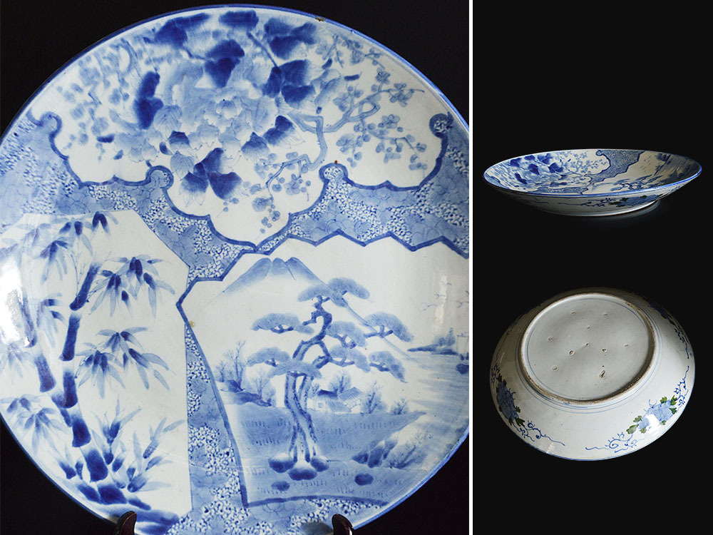 雲】逸品 伊万里焼 染付微塵唐草松竹梅細密絵付大皿 飾皿 直径54cm